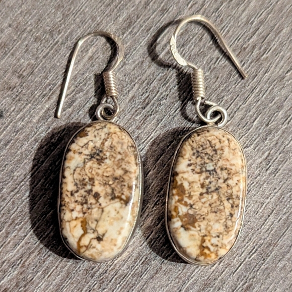 Picture Jasper Natural Stone Earrings Sterling Silver 925 Brown Black Fish Hook - Picture 3 of 12